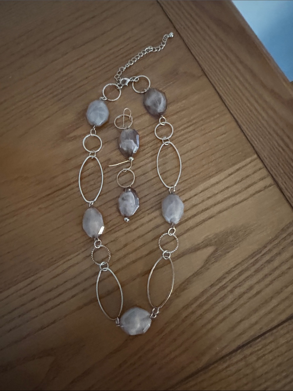 Silver-Tone Necklace with Gray Marbled Beads - Women Jewelry